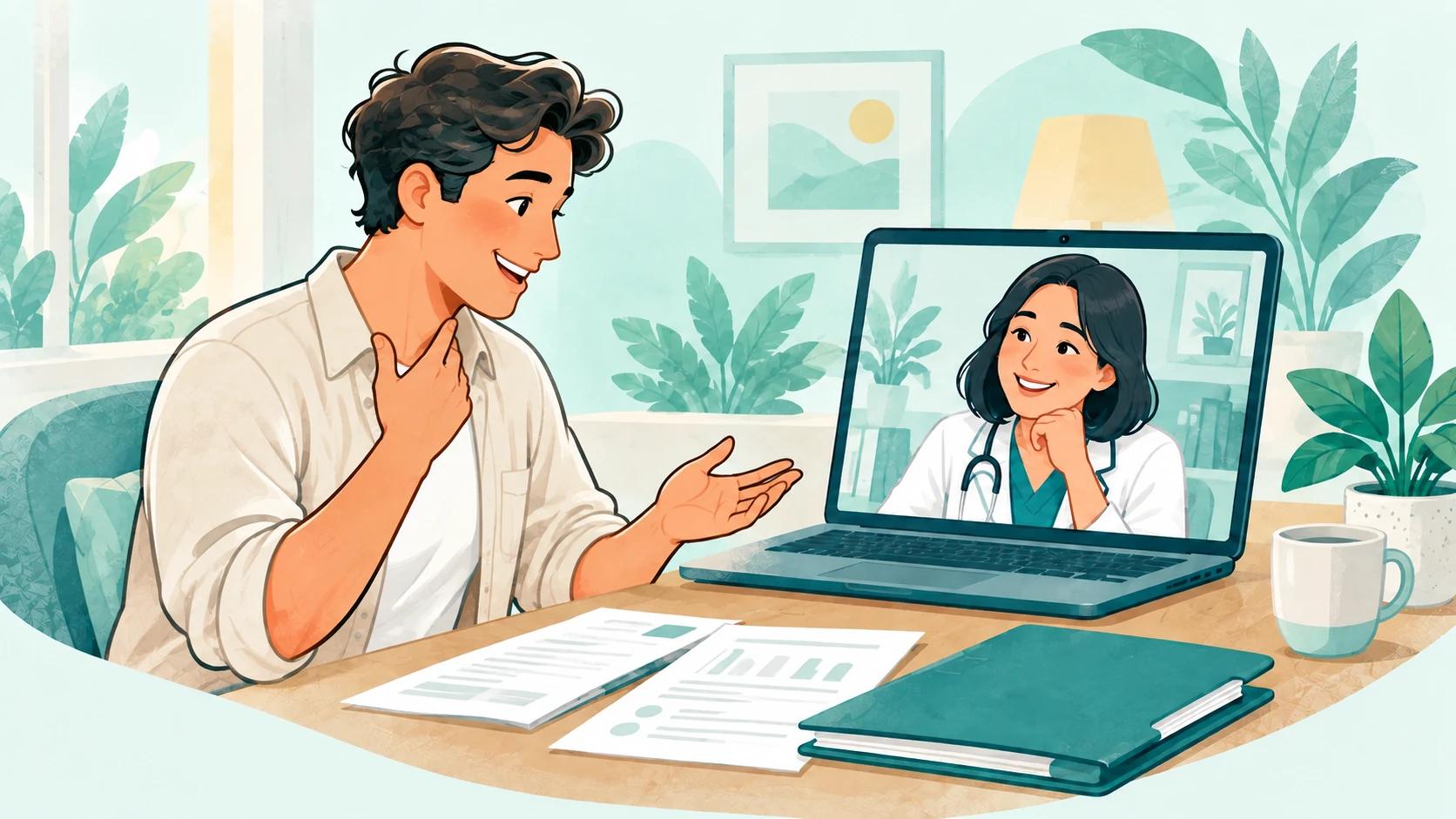 白衣成年男性通过视频向医生描述感受